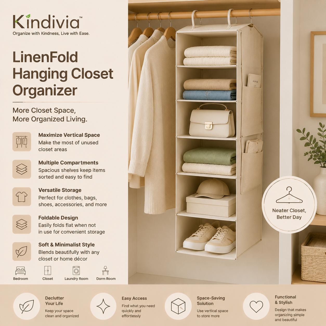 Kindivia™ LinenFold Hanging Closet Organizer