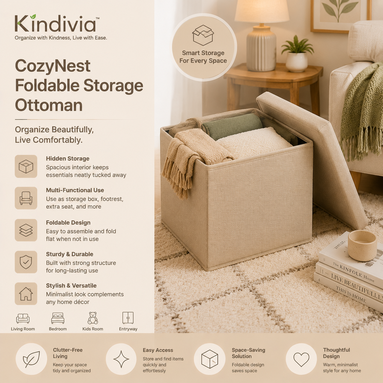 Kindivia™ CozyNest Foldable Storage Ottoman